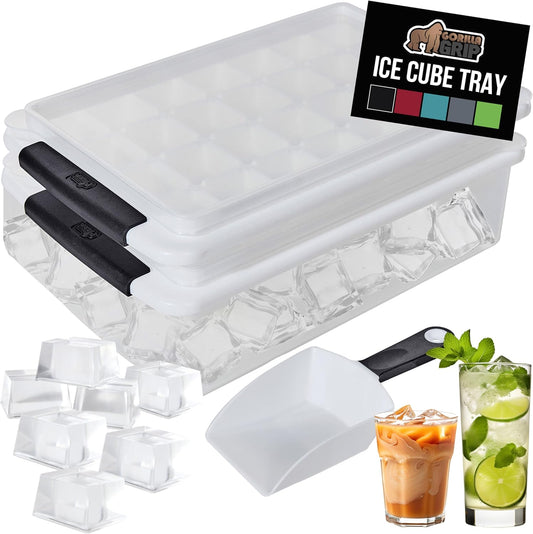 GORILLA GRIP Stackable Ice Cube Tray and Bucket Set for Freezer, Includes 2 Trays with Lid and Scooper, Easy Release, Makes 56 Cubes for Cocktail Soda Coffee, Leak Proof Bin Kit, Kitchen Tools, Black