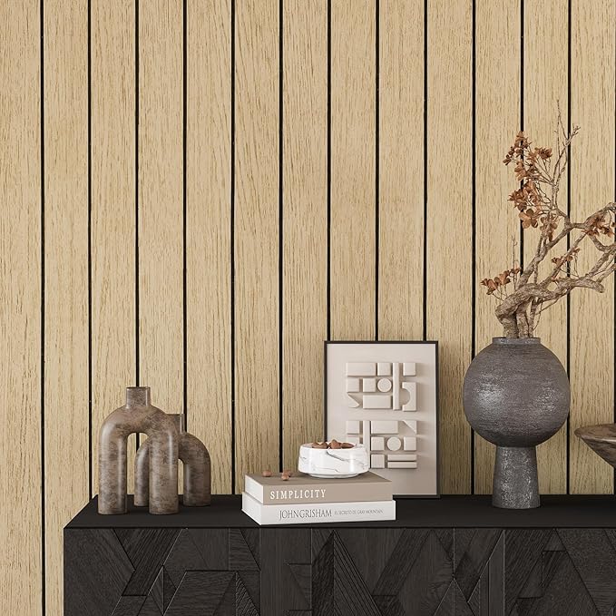 VEELIKE Light Oak Wood Wall Panels Peel and Stick Foam Slat Wallpaper