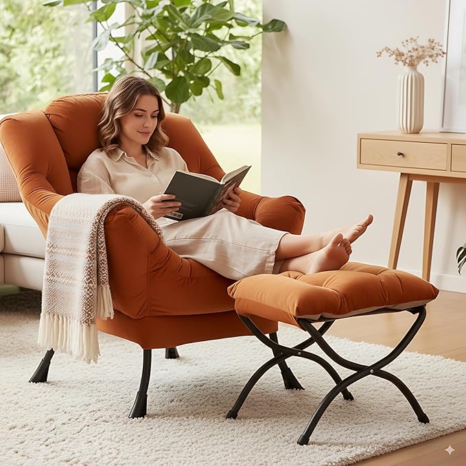 LITA Lazy Chair with Ottoman, Modern Lounge Accent Chair with Armrests and a Side Pocket, Leisure Upholstered Sofa Chairs Set, Reading Chairs with Footrest for Small Space,Orange