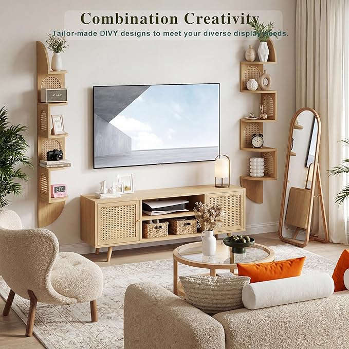5-Tier Floating Corner Shelves for Wall, Zigzag Corner Shelf Unit, PVC Rattan