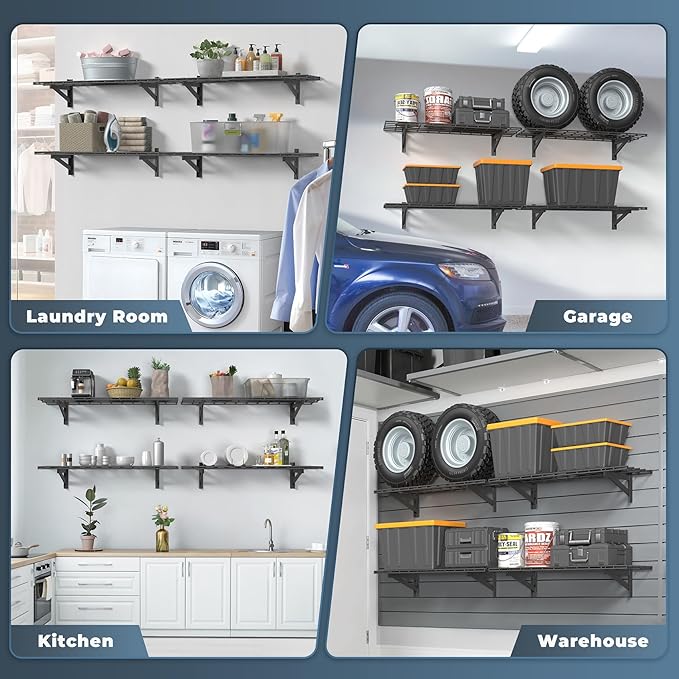 Jusgym 4 Pack Heavy Duty Garage Wall Shelving Set, Wall Mounted Garage Shelves