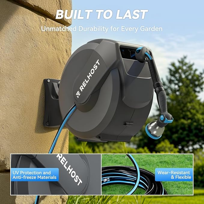 Retractable Garden Hose Reel, 5/8 in x 65 ft Wall Mount Heavy Duty Hose Reel with Any-Length Lock, Auto Rewind System, 180° Swivel Bracket, and 10-Pattern Nozzle for Garden, Dark Grey