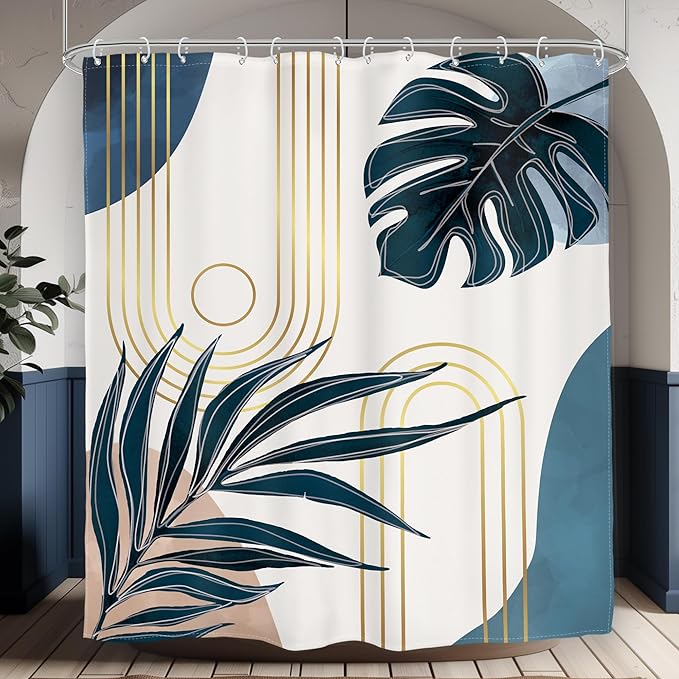 Glawry Boho Navy Blue Shower Curtain Mid Century Abstract Tropical Palm Leaf Modern Minimalist Plant Botanical Bathroom Geometric 60Wx72L Inches Bath Accessories Art Home Decor Fabric 12 Pack Hooks