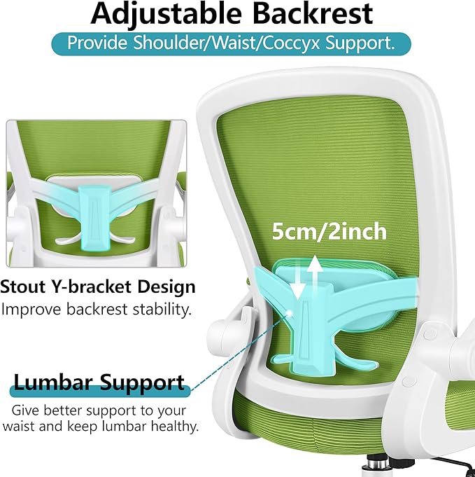 FelixKing Office Chair, Ergonomic Desk Chair Breathable Mesh Chairs Adjustable High Back Lumbar Support Flip-up Armrests, Executive Rolling Swivel Comfy Computer Chairs Home Office Green