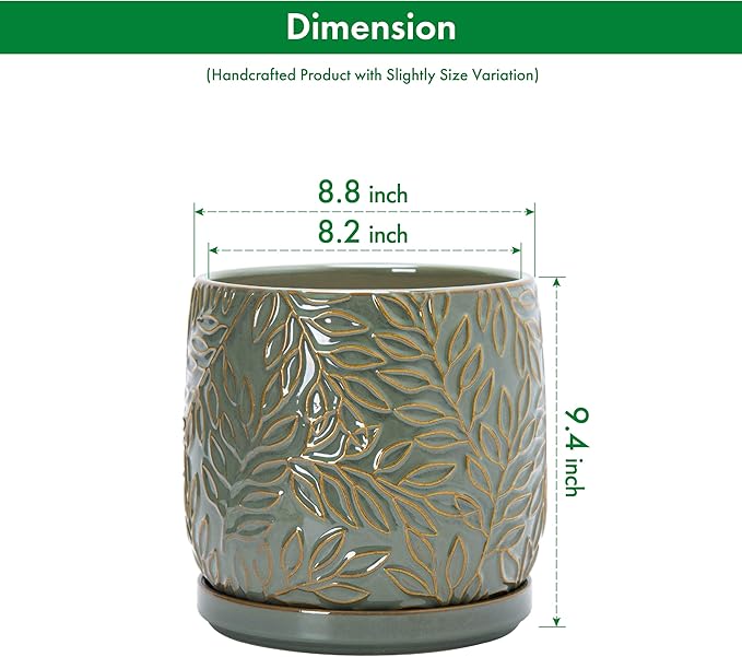 D'vine Dev 8 Inch Embossed Leaves Stoneware Planter Pot with Drainage Hole and Saucer, Olive, 27-A-Q-0