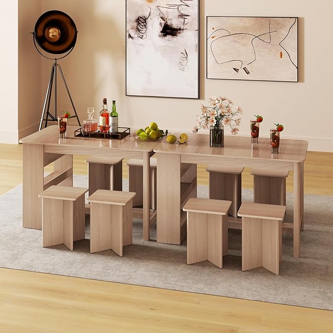Giantex 5-Pieces Dining Table Set for 4, Kitchen Table Set with Side Storage Shelf, 4 Square Stools, Space-Saving Dining Furniture for Dinner, Dinette, Living Room, Apartment, Restaurant (Natural)
