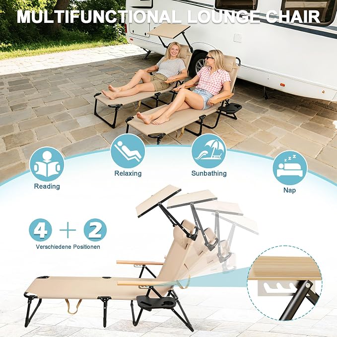 Outdoor Chaise Lounge Chair with 4-Position Adjustable Backrest,Patio Folding Sun Tanning Chair,Pillow & Cup Holder,Portable Recliner Sunbathing Lounger Chairs for Beach Garden (Beige with Shade)