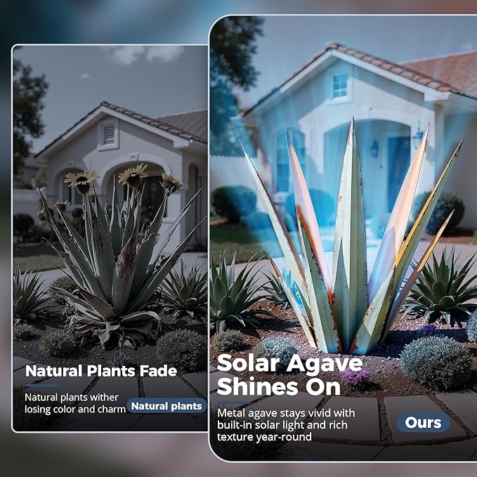 KODIBO 24” Large Solar Metal Agave Plants Outdoor Decor, Tequila Rustic Sculpture Outdoor Statues, Garden Sculpture for Patio Path Courtyard and Lawn (Vintage Blue-Solar Light)