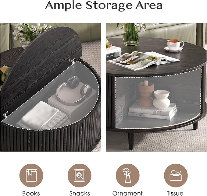 Black Round Coffee Table with Storage, 31.5" Fluted Center Table with Sliding Door, Modern Circle Drum Accent Table for Living Room, Sleek Wood Furniture for Small Spaces & Apartments