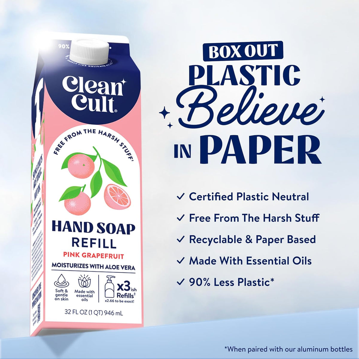 Cleancult Liquid Hand Soap Refill - Pink Grapefruit- Moisturizes Dry & Sensitive Skin - Made with Aloe Vera & Essential Oils - Eco Friendly - Paper-Based Packaging - 32 oz/3 Pack