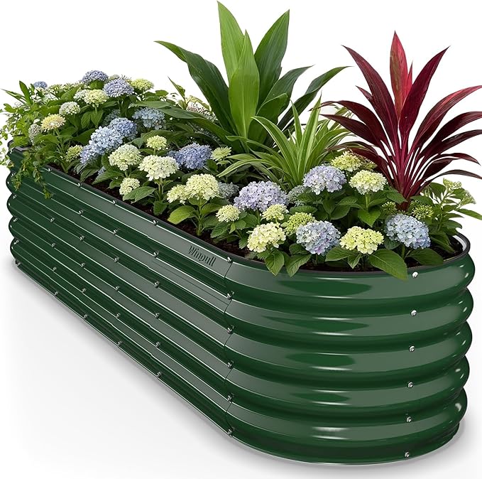 Winpull 8x2x1.5 ft Galvanized Steel Raised Garden Bed, Raised Garden Bed Kit, Galvanized Planter Box Outdoor, 18" Tall Oval Large Metal Raised Bed for Gardening Vegetables Flower Herb (Moss Green)