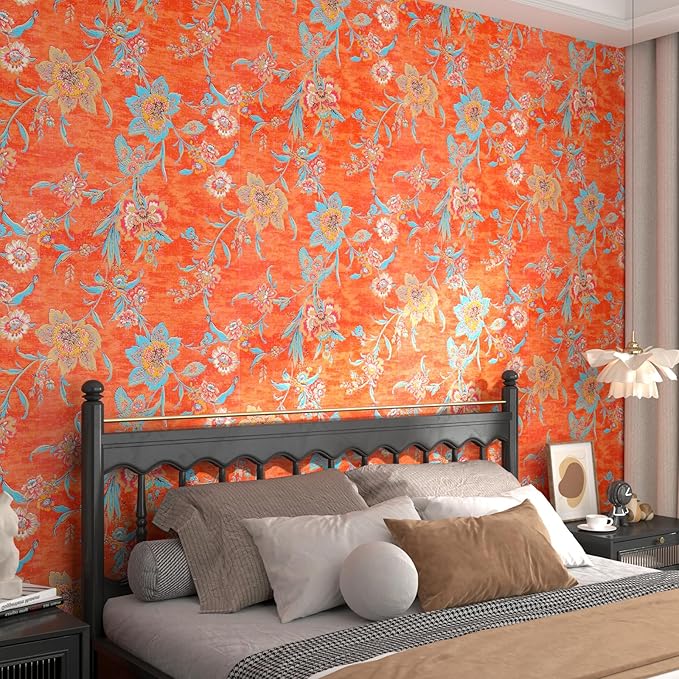FunStick 17.5"x118" Vintage Floral Peel and Stick Wallpaper Orange Red Wall