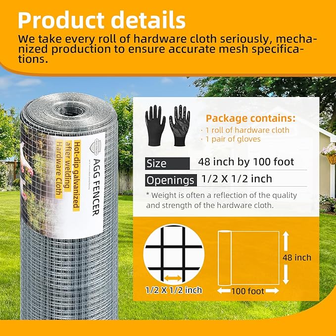Hardware Cloth 1/2 inch 48 x 100ft Chicken Wire Fencing, Hot-Dipped Galvanized After Welding Garden Plant Supports Welded Metal Chicken Wire Poultry Animal Netting Cage Screen, with Gloves
