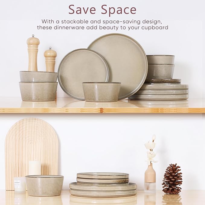 Herogo 18 Pieces Dinnerware Set Service for 6, Dinner Plates and Bowls Sets, Reactive Glaze Stoneware Dishes for Kitchen, Chip and Crack Resistant, Microwave & Dishwasher Safe, Cream Khaki