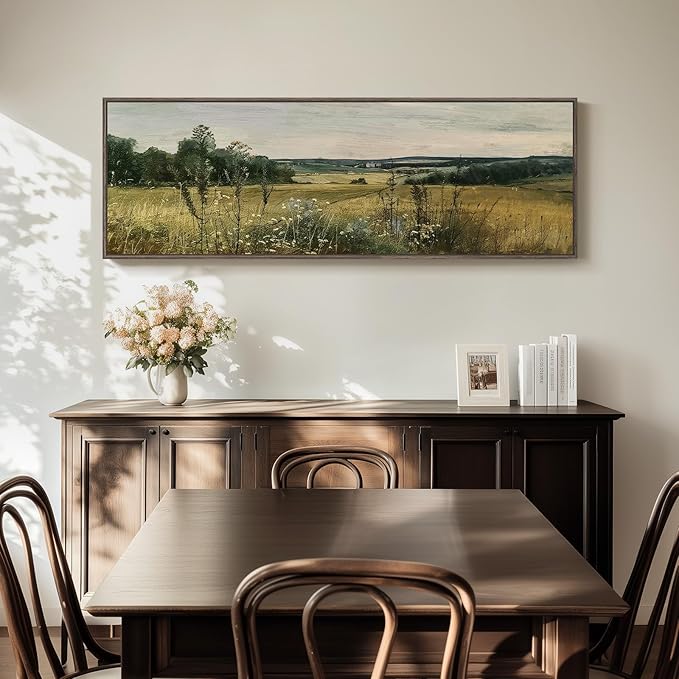 Extra Large Framed Landscape Rustic Wall Art for Living Room, Vintage Scenery Canvas Artwork Prints, Countryside Vast Field Grassland Picture Farmhouse Country Painting for Bedroom Decor 16x48 Inch