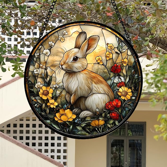 Stained Glass Window Hanging - Rabbit Flowers Suncatcher Ready to Hang Window Doors Home Decoration, Easter, Mother's Day Birthday Gifts for Women, Men, and Mom 14.9x14.9 in