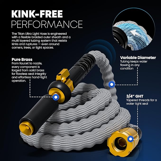 TITAN Flexible Garden Hose 10FT – Ultra Lightweight, Heavy Duty Water Hose with Brass Fittings & Jet Nozzle – Kink-Free, Non-Expanding, Durable Fabric Hose for Yard, Lawn, Car Wash, Outdoor Use