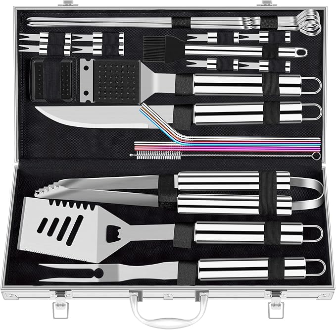 ROMANTICIST 25pcs Extra Thick BBQ Grill Accessories, Fathers Day Grilling Gifts Set for Men Dad, Heavy Duty Grill Tools Utensils Kit with Spatula, Tongs in Aluminum Case for Birthday Silver