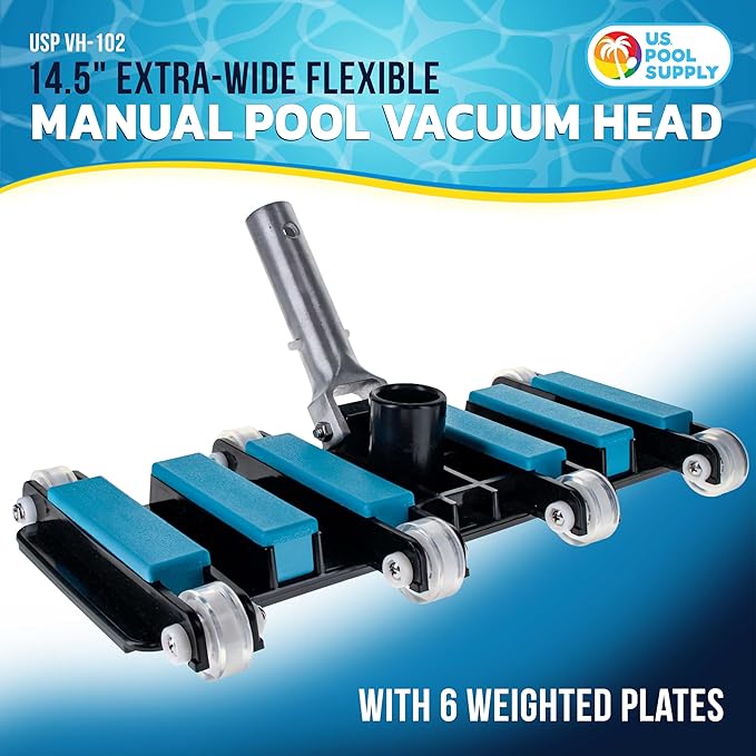 U.S. Pool Supply Manual Pool Vacuum Head for Inground Pools, Flexible, Extra-Wide, Weighted - 6 Weights, Blue, Connect 1.5" Hose, Metal Pole Handle - Swimming Cleaning Accessory Attachment, Vac