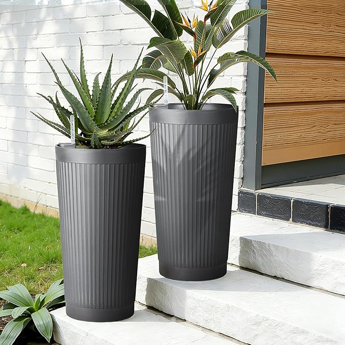 TUYOHW Self-Watering 24in Plastic Round Planter with Vertical Ribbed Design – Indoor Outdoor Flower Pot for Plants, Herbs, and Small Trees, Set of 2