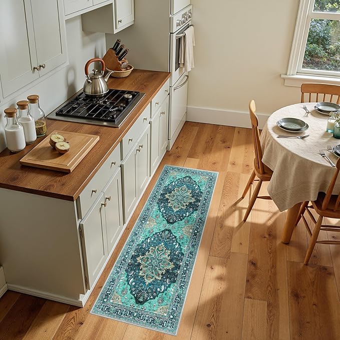 Area Rugs 2'x5' Runner Rug Non Slip Washable for Kitchen Hallway Bedroom Beside Laundry Room Bathroom Rug, Floor Carpet, Teal Green Lake Blue Turquoise