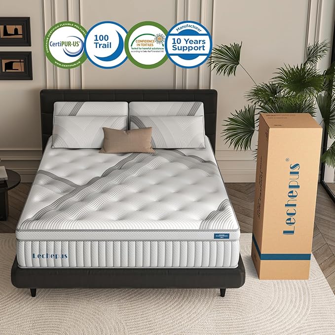 Lechpeus Queen Mattress,14 Inch Medium Plush Hybrid Mattress in Box,MDI Soft Memory Foam & 7-Zone Pocket Springs,Motion Isolation& Back Pain Relief,Enhanced Support Queen Bed,None Fiberglass