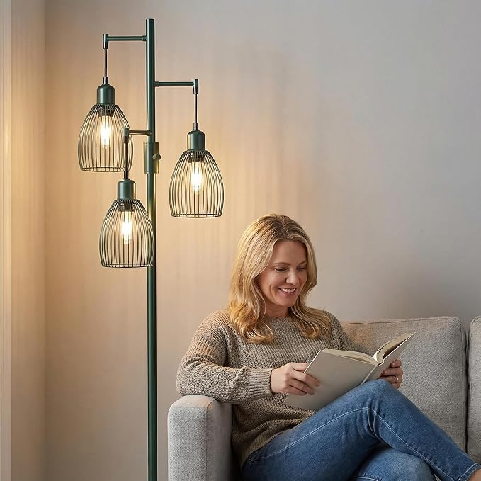 Torondo Dimmable Industrial Floor Lamps for Living Room, Green Tree Standing Tall Lamps with 3 Elegant Teardrop Cage Head & 800 Lumens LED Bulbs for Bedroom Office