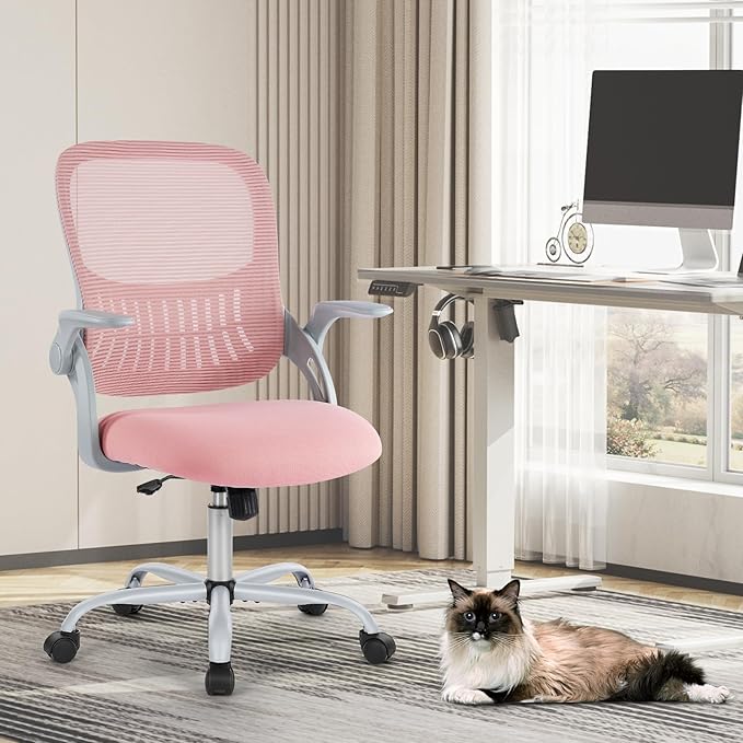 Sweetcrispy Home Office Computer Desk Chair, Ergonomic Mid-Back Mesh Rolling Work Swivel Task Chairs with Wheels, Comfortable Lumbar Support, Comfy Flip-up Arms for Bedroom, Study, Student, Pink