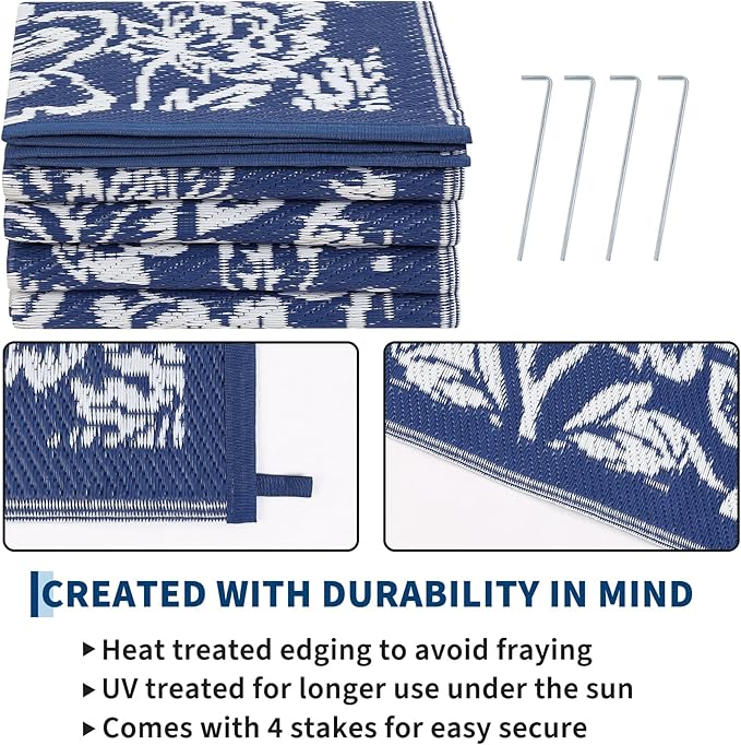 Garvee 5’x8’ Waterproof Patio Outdoor Rug, Outdoor Plastic Straw Rug for Camping, RV Mat Outside, Indoor Outdoor Carpet for Porch, Deck, Backyard, Balcony, Picnic, Navy & White