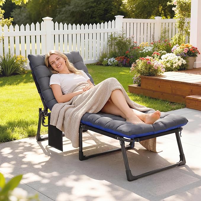 Outsunny Chaise Lounge Chair Outdoor, 5-Position Reclining Pool Lounge Chair with Cushion, Side Pocket, Headrest, Folding Lounger Tanning Chair Camping Cot for Patio, Beach, Dark Gray/Blue