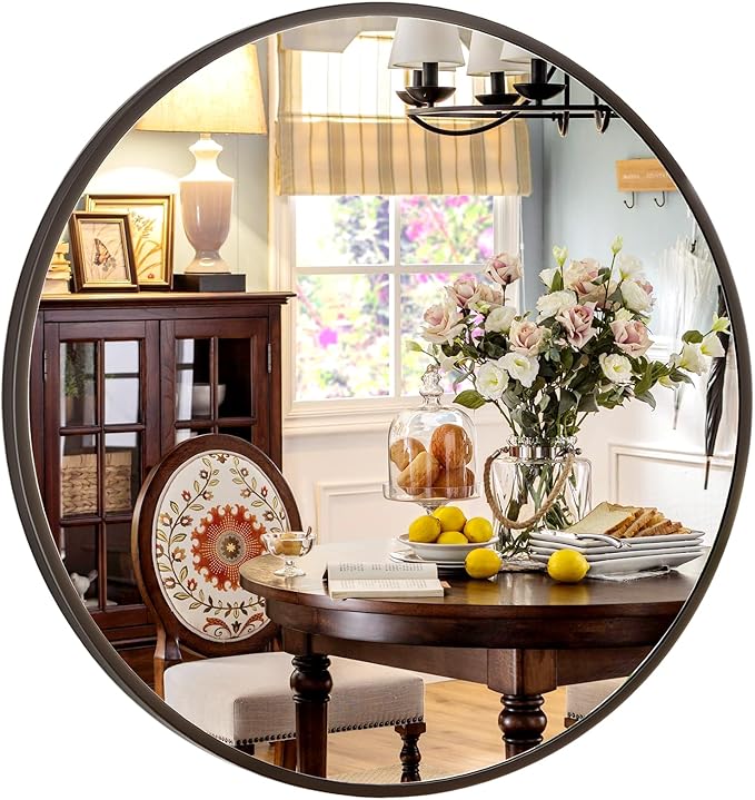 24 Inch Round Mirror - Circle Mirrors for Bathroom, Entryway and Living Room Wall Decor, Modern Hanging Vanity Mirror, Matte Black Circle Decorative Wall Mirror