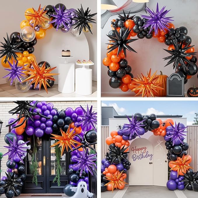 Black Purple Orange Star Balloons,9Pcs 22Inch Black Orange Purple Explosion Spike Cone Helium Polyester Film Star Foil Balloons for Halloween Birthday Baby Shower Party Decorations