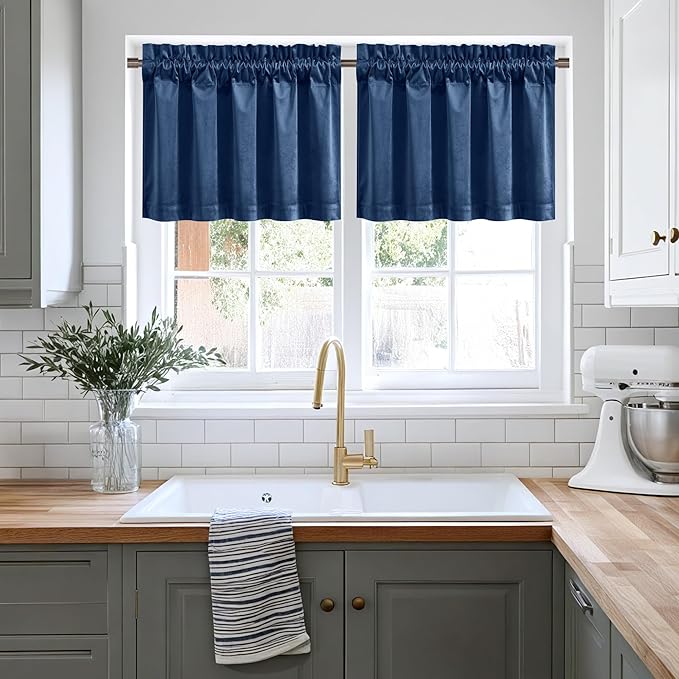 NICETOWN Navy Blue Velvet Cafe Valance, Window Treatment