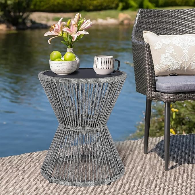 SUNNYPARK Outdoor Side Table 20'' H Small End Tables Woven Rope Weather Resistant with Glass Top Round Coffee Table for Indoor Balcony Patio Poolside (Gray)