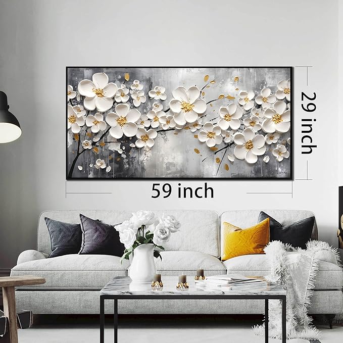 Flowers Canvas Wall Art for Bedroom - White Art Paintings for Wall Living Room - Framed Wall Art for Office Large Size 29" x 59"