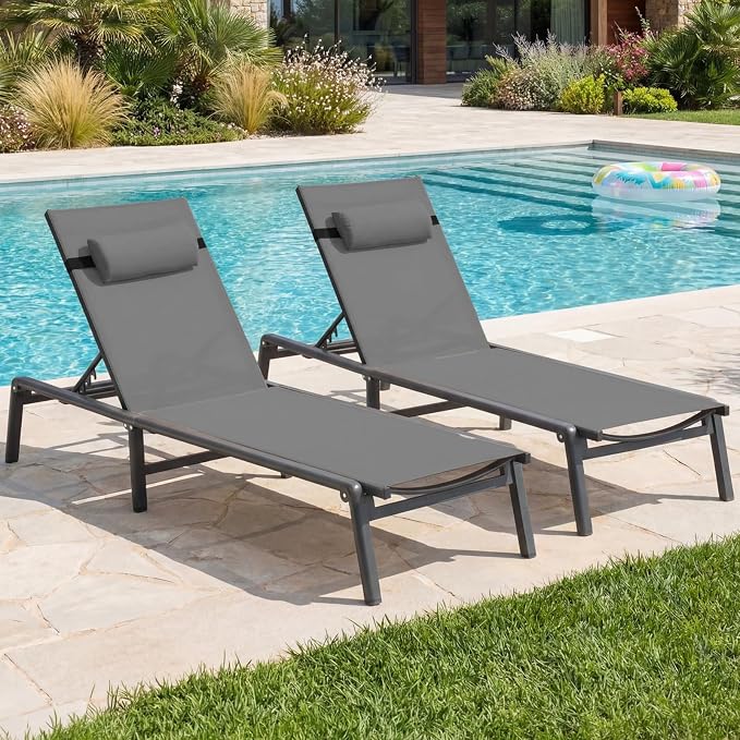 ONBRILL 2 PCS Chaise Lounge Chair Outdoor, Foldable & Assembly Free Outdoor Lounge Chair with 5 Position Adjustable Backrest, Aluminum Pool Lounge Chairs for Outside Poolside Patio Beach Lawn, Grey