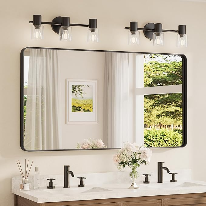TETOTE 55 x 30 Inch Bathroom Mirror, Matte Black Modern Metal Frame Rectangle