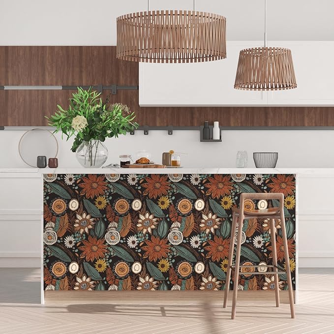 Rustic Boho Wallpaper Peel and Stick, Vintage Dark Brown Floral Contact Paper