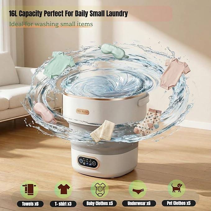 Mini Laundry Machine 16L, Portable Washing Machine and Spinner - Foldable & Compact for Baby Clothes, Underwear, Socks, Ideal for Travel, Dorm, Apartment, Camping