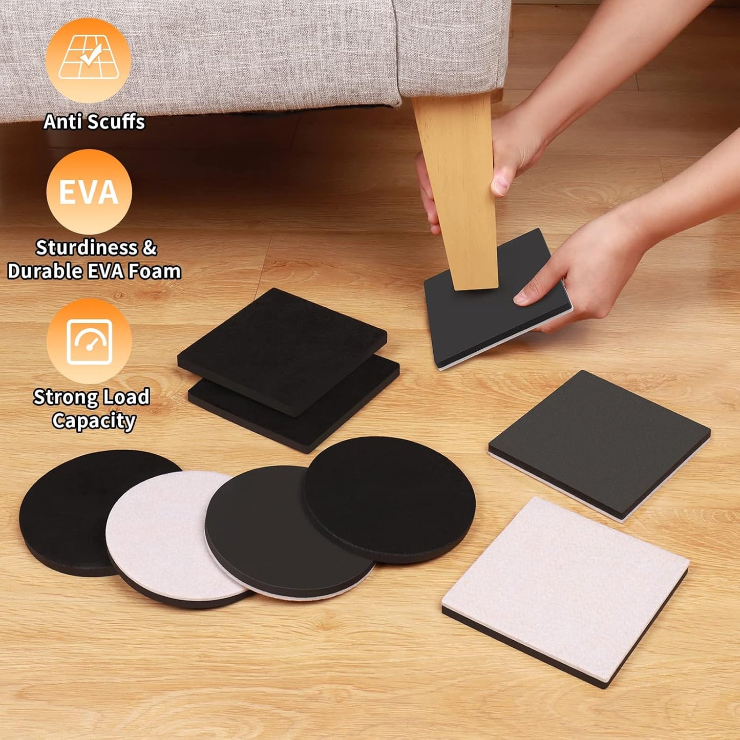 Ezprotekt 5" Square Felt Furniture Movers Sliders for Hardwood Floors, 8 Pcs Reusable Felt Furniture Moving Pads for Heavy Duty Bed Sofa Fridge Couch, Move Item Easily and Quickly (Black)