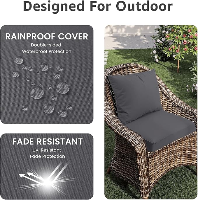 PatioGlow Outdoor Chair Cushions 22 x 22 x 3 Inch, Waterproof & Fade Resistant Patio Seat Cushion for Furniture with Handle and Ties, Thick Seating Pads for Outside Sofa Couch Set of 2, Grey