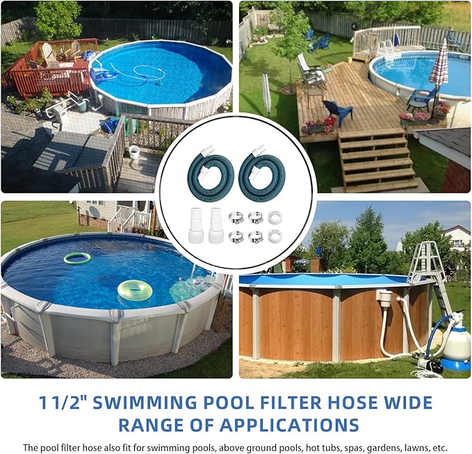 1.5" 6ft Swimming Pool Filter Pump Hose Replacement Kit, fit for Above Ground Swimming Pool Vacuum Skimmer 1 1/2" Filter Hose and for 1.25/1.5" Adapter Fittings -2 Hoses, 2 Adapters, 2 Tapes, 4 Clamps