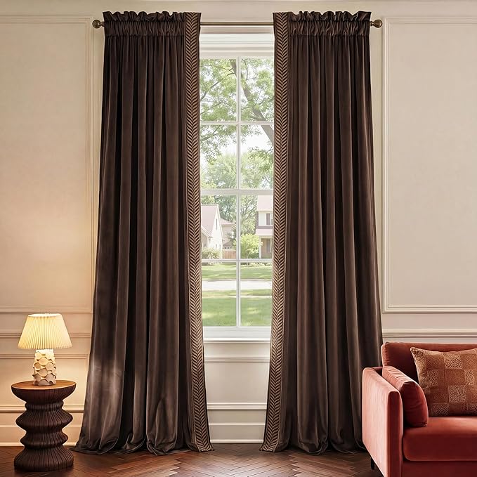 NICETOWN Rod Pocket Embroidered Trim Velvet Curtains, 2 Panels, Velvet Curtains