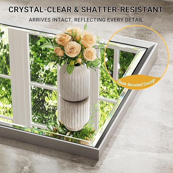 48x24 Beveled Silver Bathroom Vanity Mirror, Shatterproof Large Rectangle Metal