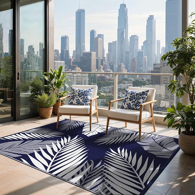 Outdoor Rug 8’x10’ Waterproof for Patio Clearance, Reversible Indoor Outdoor Plastic Straw Camping Rug Carpet, RV Mat, Large Area Rug for Deck, Backyard, Balcony, Porch, Beach, Blue & White