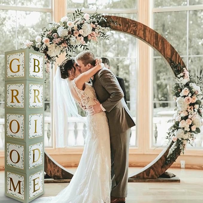 101 PC Greenery Bridal Shower Decorations Balloon Boxes Gold- Blocks with BRIDE TO BE + GROOM + A - Z Letters and 40 Balloons- Engagement Bachelorette Parties Weddings Centerpieces Photo Booth Props