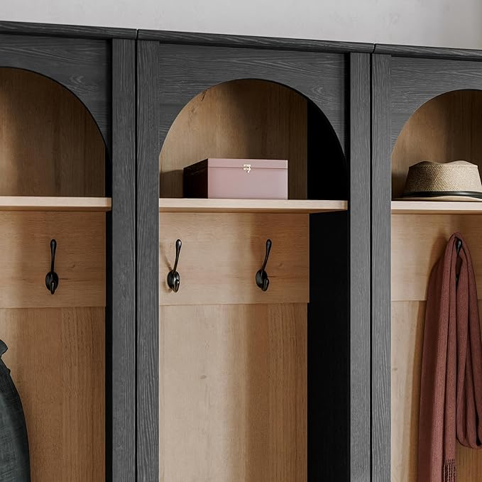 Prepac Ark 76" Tall Arched Entryway Coat Rack in Black Oak with Natural Oak Interior, Hall Tree with 2 Adjustable Shelves, Modern Furniture for Entryway and Living Room, 13.25" D x 18" W x 76" H