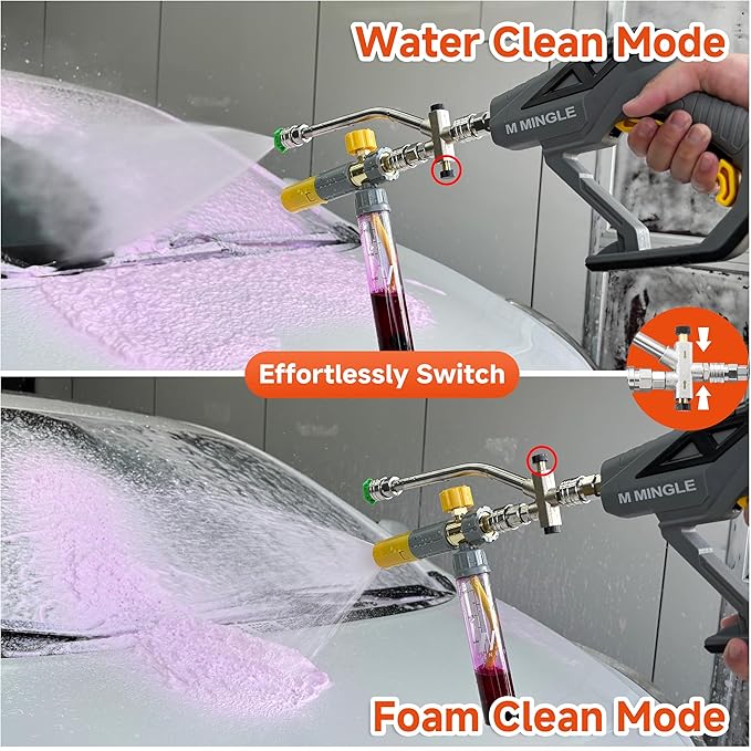 M MINGLE Pressure Washer Gun with Mini Foam Cannon, Dual Connector Accessory, Undiluted Foam Blaster with 5 Nozzle Tips, 1/4" Quick Connect for Car Wash, Patio, Deck Cleaning