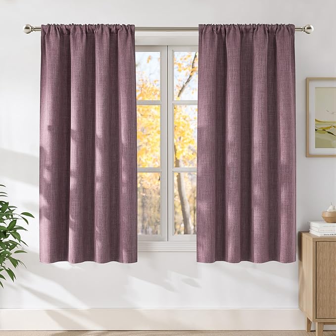 NICETOWN Greyish Purple Faux Linen Room Darkening Rod Pocket Curtains 63 inch