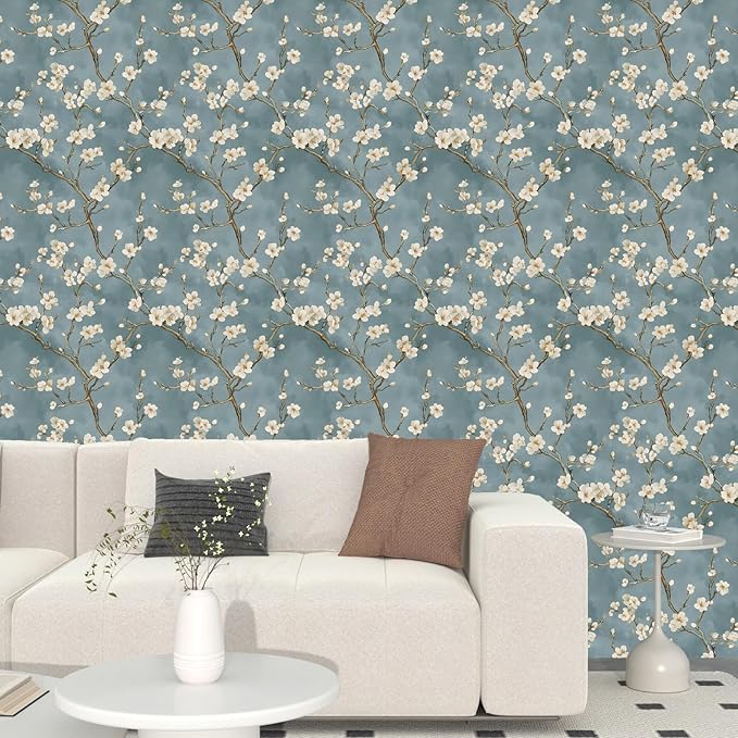 Vintage Floral Wallpaper Peel and Stick Blue White Flowers Contact Paper Vinyl